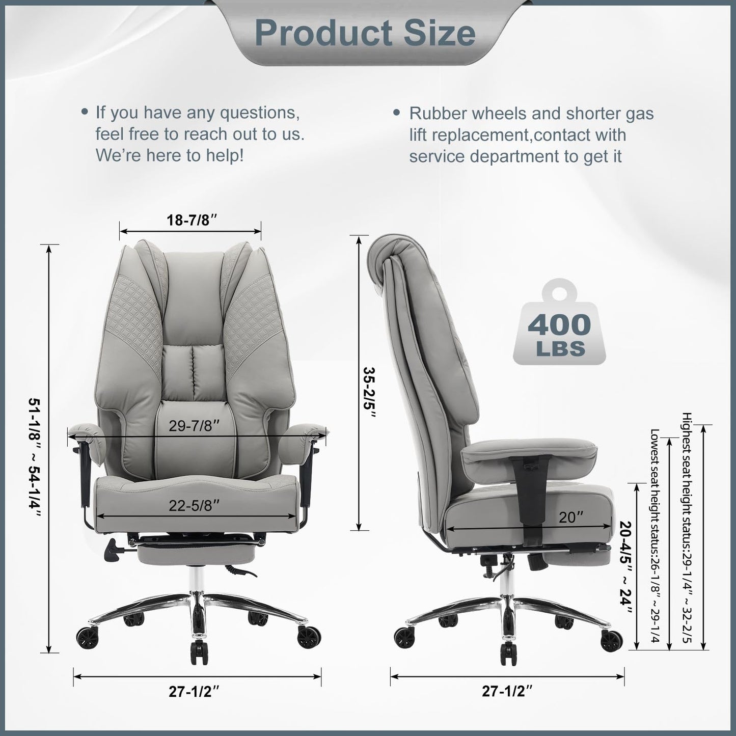 EXCEBET Big and Tall Office Chair 400lbs Wide Seat, Leather High Back Executive Office Chair with Foot Rest, Ergonomic Chairs Lumbar Support for Lower Back Pain Relief (Light Grey)