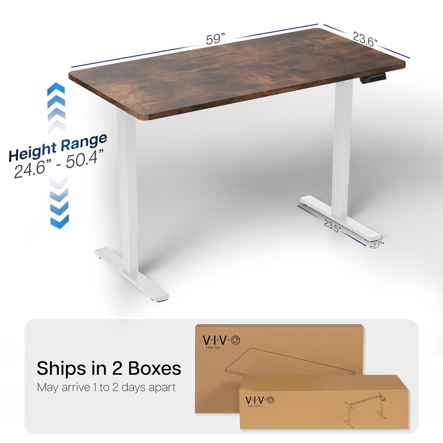 VIVO Electric 60 x 24 in Dual Motor Sit Stand Desk, Memory Height Adjustment, 2B Series, Rustic Vintage Brown Top White Frame, DESK-KIT-2W6N