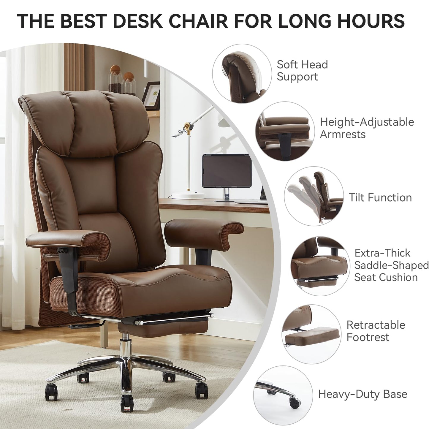 Efomao Big and Tall Office Chair 400lbs - Heavy Duty Executive Desk Chair with Foot Rest & 23" Wide Seat - High Back Ergonomic Leather Computer Chair for Heavy People, Home Office, Brown