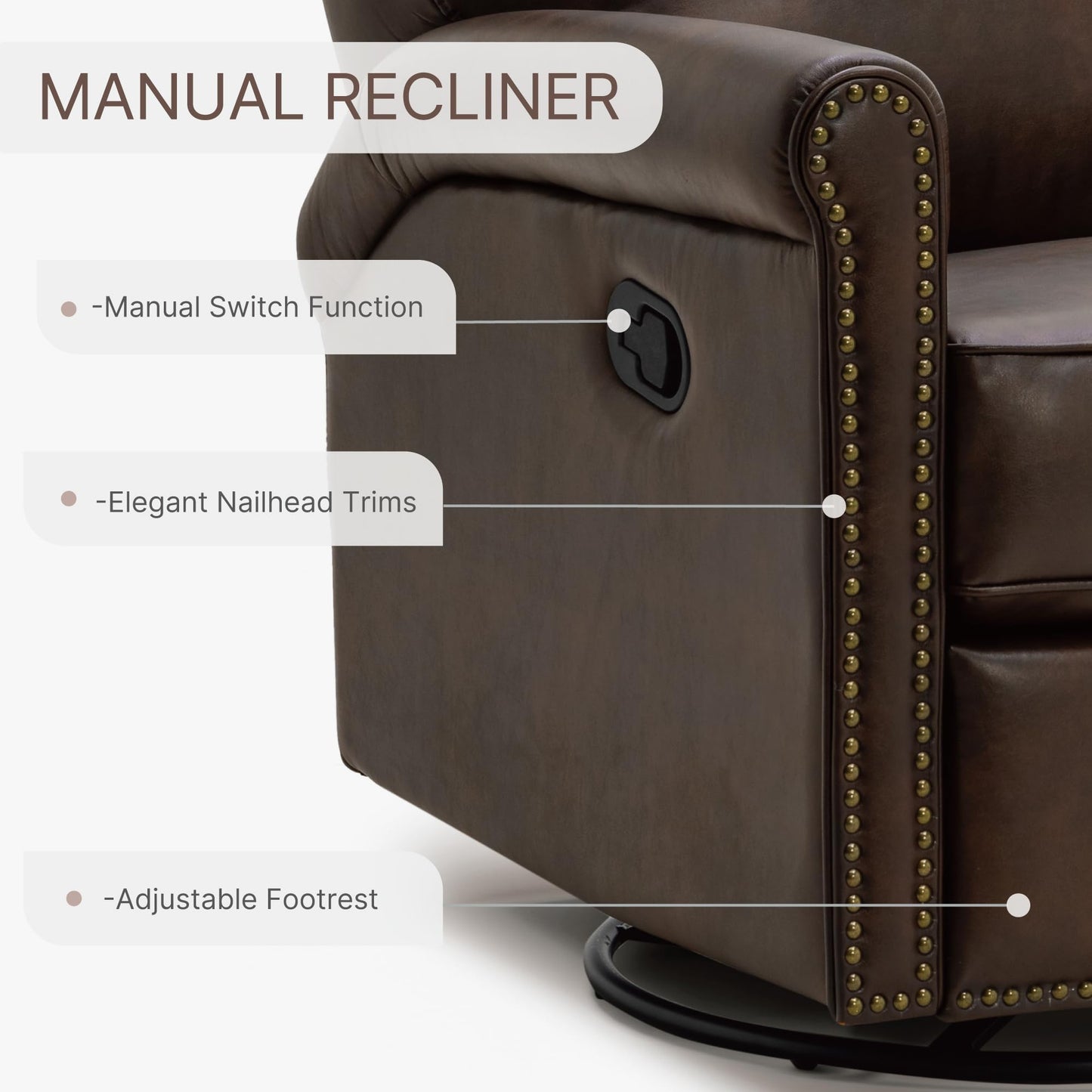 KISLOT Large Leather Recliner Chair Faux Swivel Rocker for Adults Manual Sofa for Living Room Bedroom Home Theater Seating