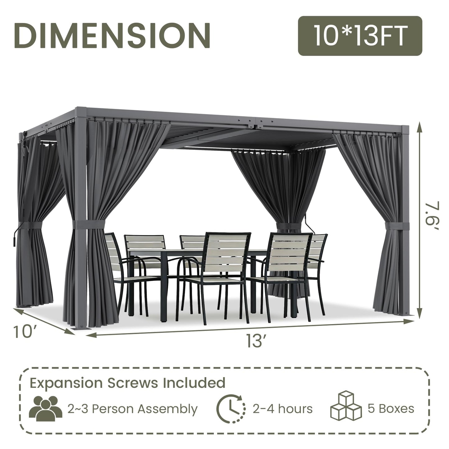 SAILARY Louvered Pergola 10' x 13' with Waterproof Curtains, Outdoor Aluminum Pergola with Reinforced Steel Roof, Heavy-Duty Hardtop Gazebo, Privacy Privacy Shaded Shelter, Grey