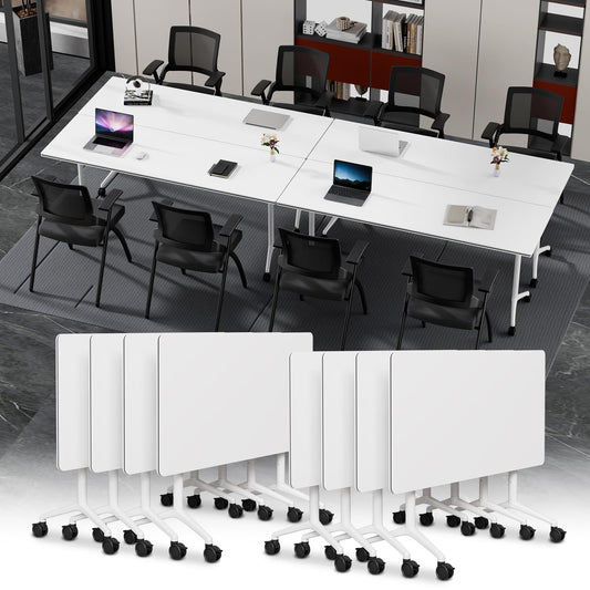 Modular Folding Conference Table with Wheels,8 Pack Mobile Conference Room Tables,Filp Top Rolling Meeting Training Tables for Office,Classroom,Library,Seminar,Boardroom,school(8pack,White,71in)