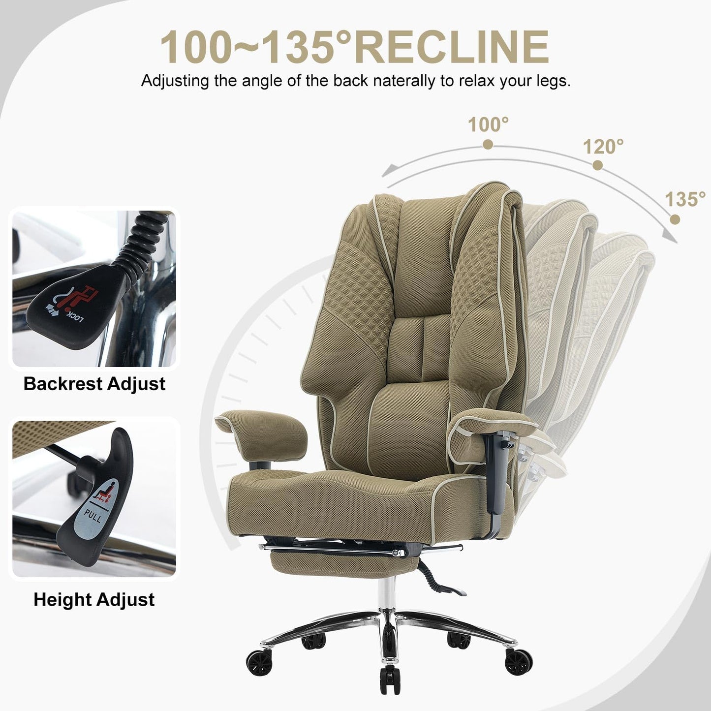 EXCEBET Big and Tall Office Chair 400lbs Wide Seat, Leather High Back Executive Office Chair with Lumbar Support, Ergonomic Chairs Padded Armrests & Thick Cushion (Mesh Green)