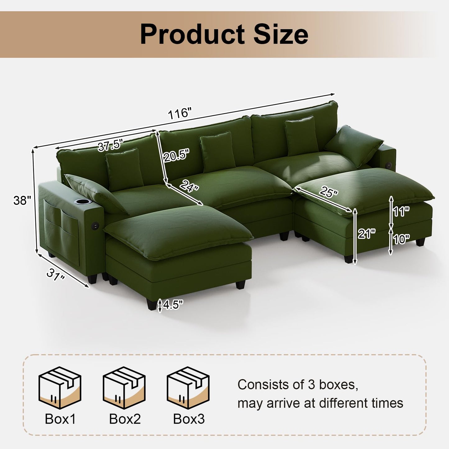 KCGKCG 116" Modular Sectional Sofa, U Shaped Cloud Couch with Movable Ottoman, Chenille Deep Seat Cloud Sofa with Charging Station, Cup Holder, Side Pocket, Sectional Couches for Living Room, Green