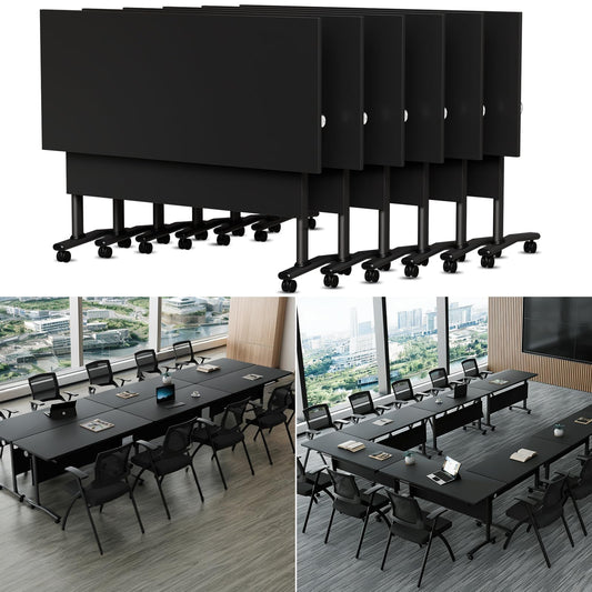 Conference Room Table with Wheels 6ft Folding Modular Large Black Conference Table Foldable Modern Rectangle Training Meeting Tables for Classroom Office(6, Black, D 55")
