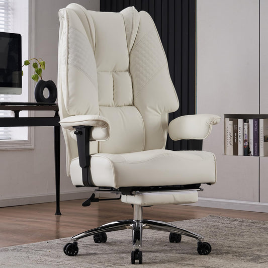 EXCEBET Big and Tall Office Chair 400lbs Wide Seat, Leather High Back Executive Office Chairs with Foot Rest, Ergonomic Lumbar Support for Lower Back Pain Relief (White)