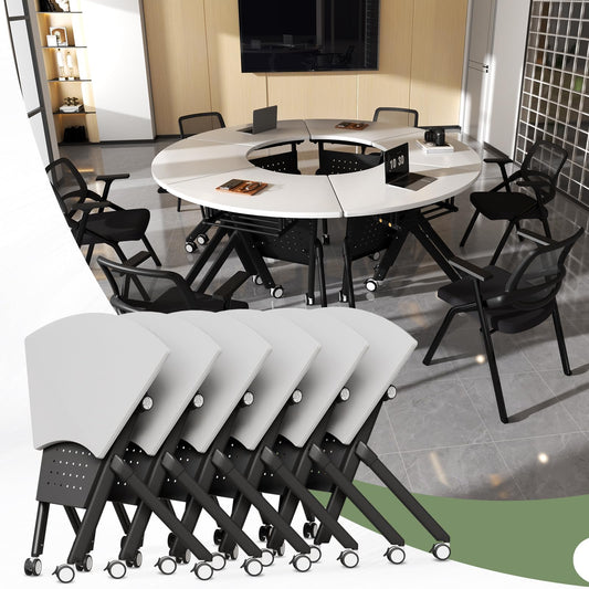 JFazzruit Folding Conference Table,Fan-Shaped Conference Room Tables with Wheels, Mobile Modular Seminar Meeting Desk for Classrooms,Office & Seminar (6, Fan-White)