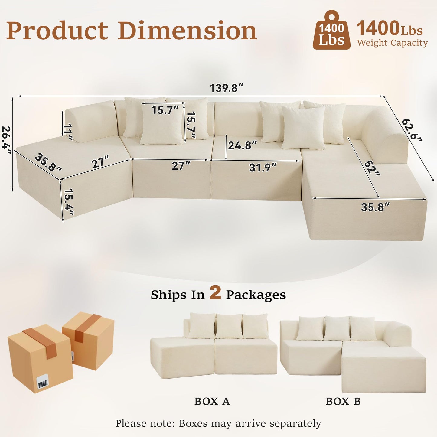 CACFTII 140" Oversized Boneless Couch, Curved Cloud Sectional Couch with L-Shape Chaise, Compressed Memory Foam Couch, Velvet Modular Sectional Sofa for Living Room, No Assembly Required, White
