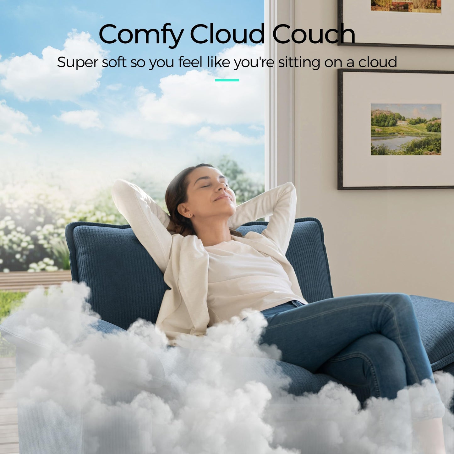 LINSY HOME 123'' Modular Sectional Sofa Blue Couch Corduroy Cloud Couches for Living Room, L Shaped Couch with Movable Ottoman, Modern Cloud Sectional Sofas for Bedroom and Apartment, Blue