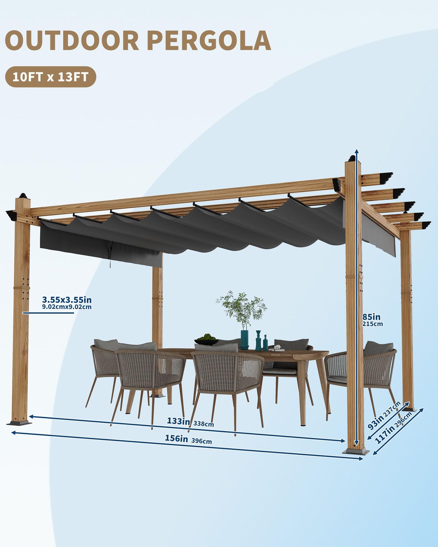 KYBOLT 10x13 Ft Outdoor Pergola with Retractable Canopy Upgraded Wood Grain Patio Pergola for Modern Backyard Deck Porch Grape Trellis - Gray