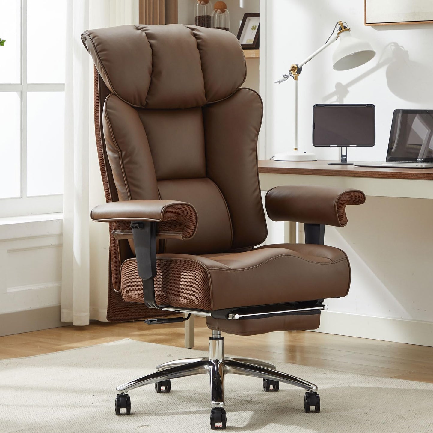 Efomao Big and Tall Office Chair 400lbs - Heavy Duty Executive Desk Chair with Foot Rest & 23" Wide Seat - High Back Ergonomic Leather Computer Chair for Heavy People, Home Office, Brown