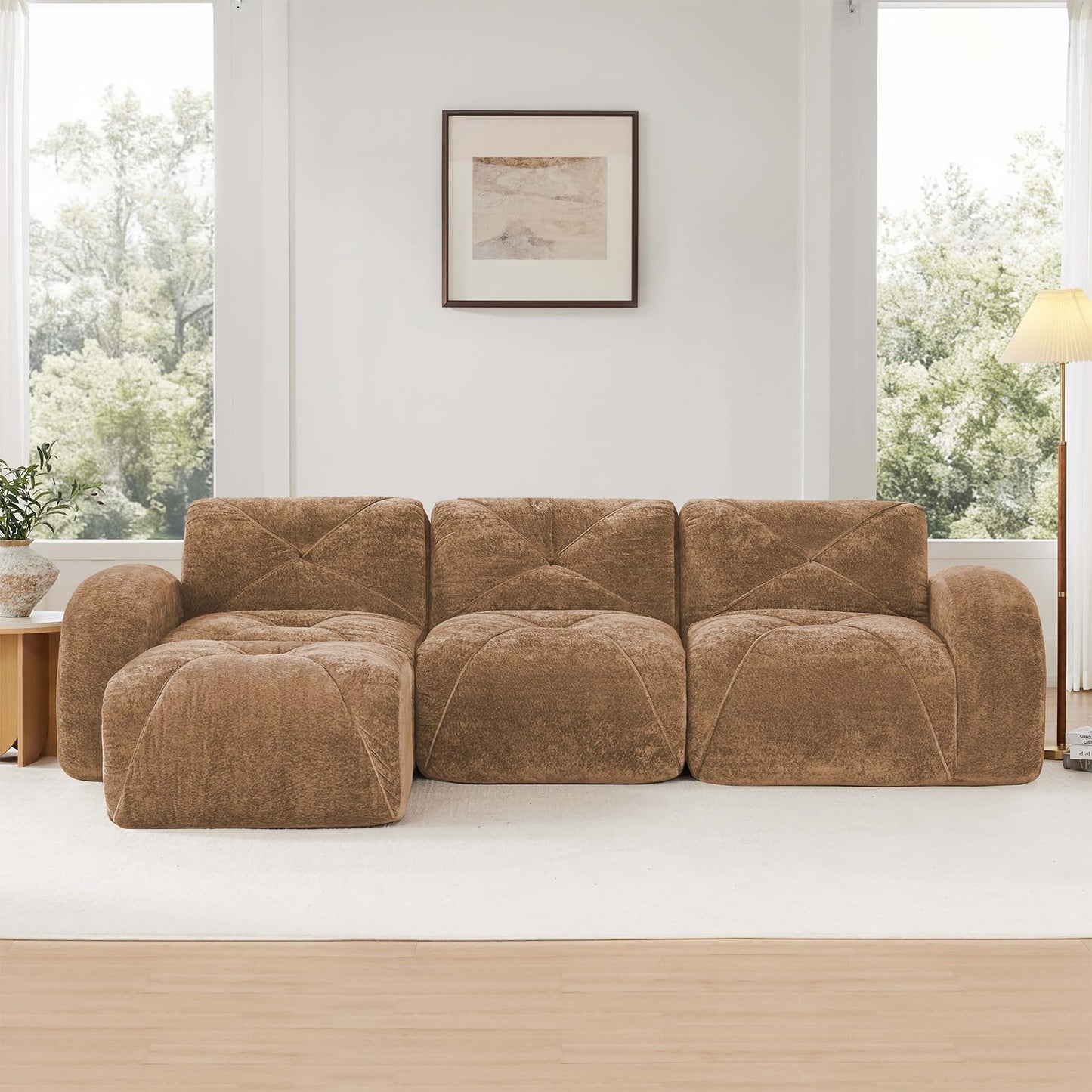 Camel L-Shaped Sectional Couches for Living Room, Velvet Fabric Boneless Couch, No Assembly Cloud Modular Sectional Sofa with 1 Ottoman, Foam Couch Compressed Sofa Set for Apartment, Sofas para Sala
