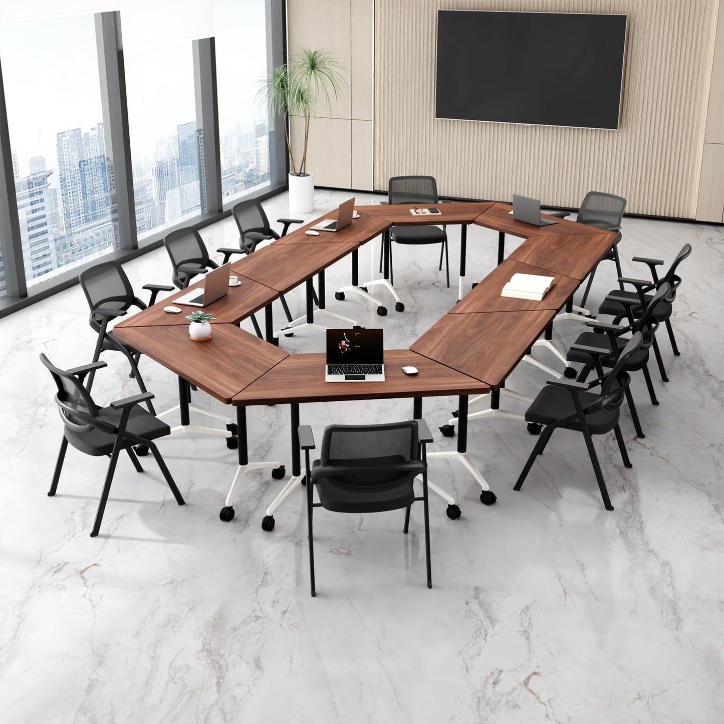 6 Pack Folding Conference Table,T-Shaped Conference Room Tables with Wheels, 47.2 in Modern Conference Table,Mobile Modular Seminar Meeting Desk for Classrooms,Office & Seminar (6, Walnut)