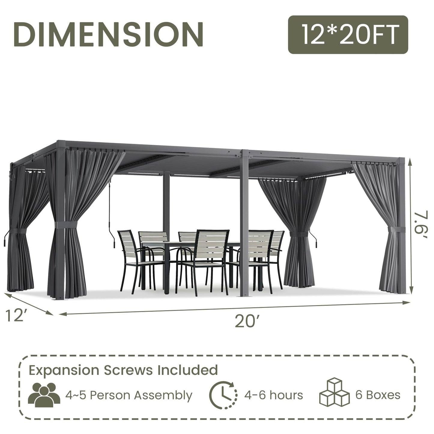 SAILARY Louvered Pergola 12' x 20' with Waterproof Curtains, Large Outdoor Aluminum Pergola with Reinforced Steel Roof, Heavy-Duty Hardtop Gazebo, Privacy Shaded Shelter, Grey