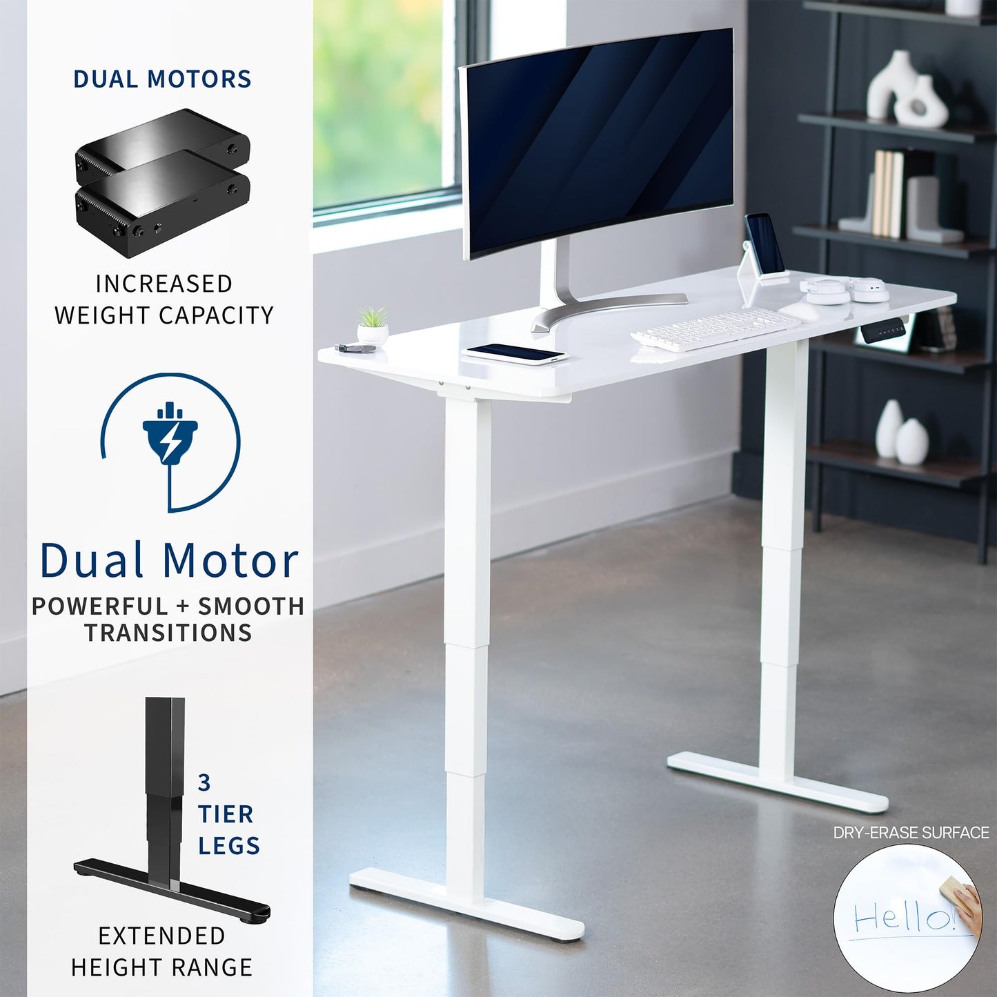 VIVO Electric 60 x 24 in Dual Motor Sit Stand Desk, Memory Height Adjustment, 2B Series, White Dry Erase Top White Frame, DESK-KIT-2W6WE