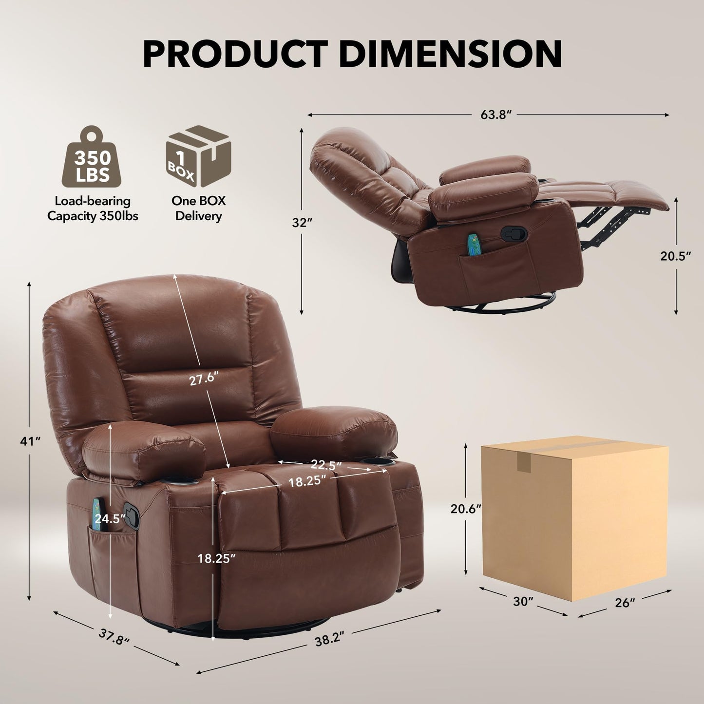 Oversized Wide Recliner Chair-Heat and Vibration Massage, PU Leather Manual Recliner for Adults, 360° Swivel Rocker Chair with Cup Holders & Side Pocket,Lazy Boy Chair for Living Room, Bedroom,Brown