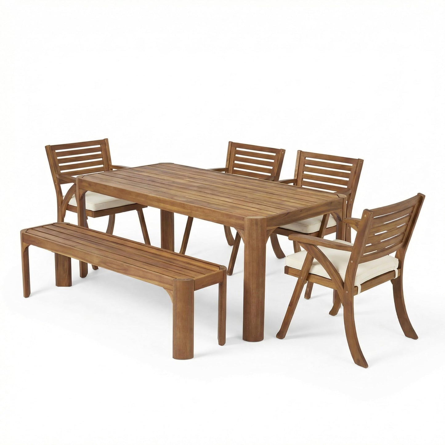 Christopher Knight Home Outdoor 6 Piece Dining Set – 70" Acacia Wood Table with 4 KD Chairs Include Cushions & 57" Bench, Teak Finish Patio Garden Backyard Furniture Set