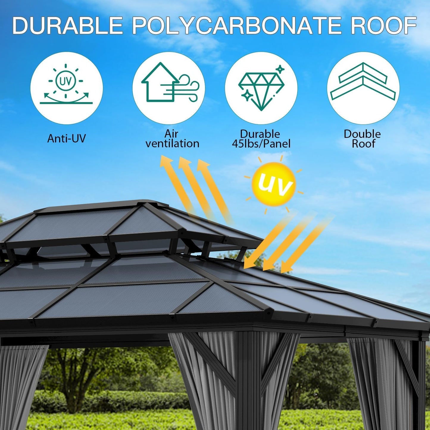 12'x10' Hardtop Gazebo, Aluminum Permanent Pavilion with Polycarbonate Double Roof, Removable Curtains & Mosquito Netting for Patio, Garden, Lawn, Upgrade Your Outdoors: Heavy Duty Hardtop Gazebo