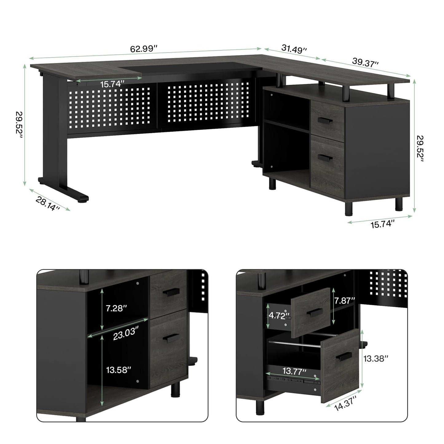 Tribesigns 63 Inch Executive Desk with File Cabinet, L Shaped Office Desk with Drawers and Storage Shelves, Business Furniture Set Workstation for Home Office, Gray and Black