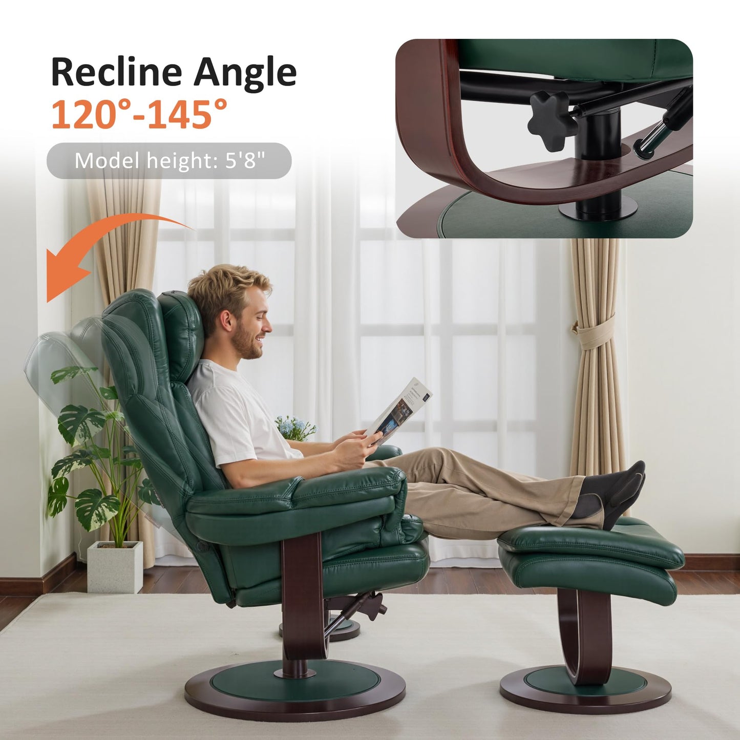 MCombo Oversized Swivel Recliner Chair with Ottoman, Adjustable Backrest, 360° Wood Base, High Seat, Faux Leather Lounge Chair for Tall Users in Living Room, Bedroom, or Office 4651 (Green)