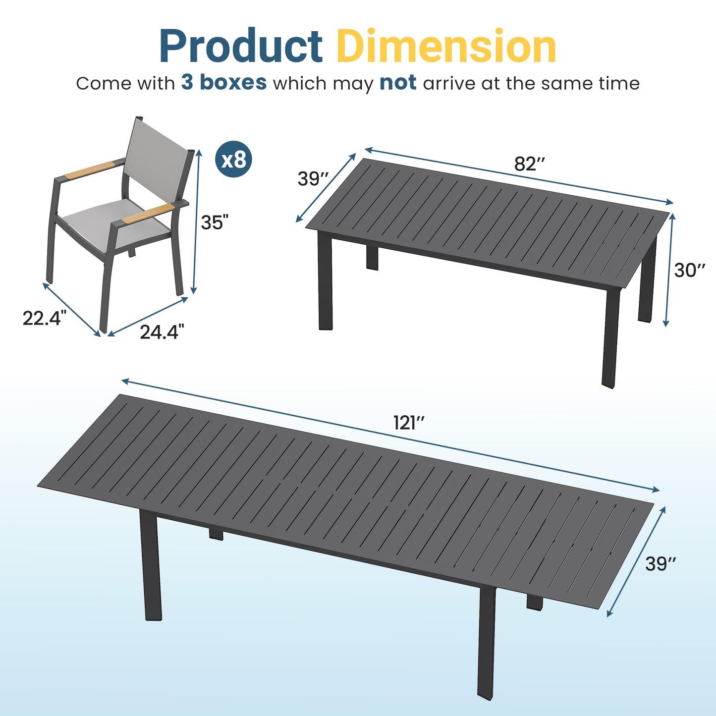 Wisteria Lane 13 Piece Aluminum Outdoor Dining Sets with 3-Adjustable Length Dining Table, 121" L×39.4" W Expandable Patio Table and Chairs Set for 12, Stackable Chairs with Quick Drying Fabric, Grey