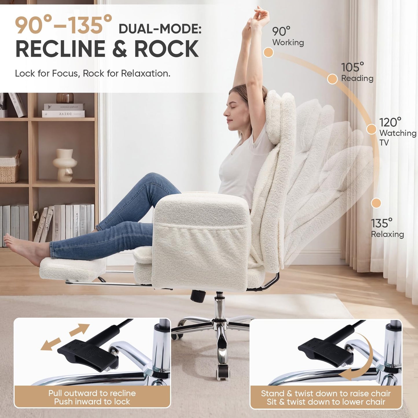EGSEAT Big and Tall Office Chair with Flip Armrests, Cross Legged Office Chair with Storage Pockets, Comfortable Reclining Computer Chair with Foot Rest, Wide Home Desk Chair, Teddy Fleece, Cream