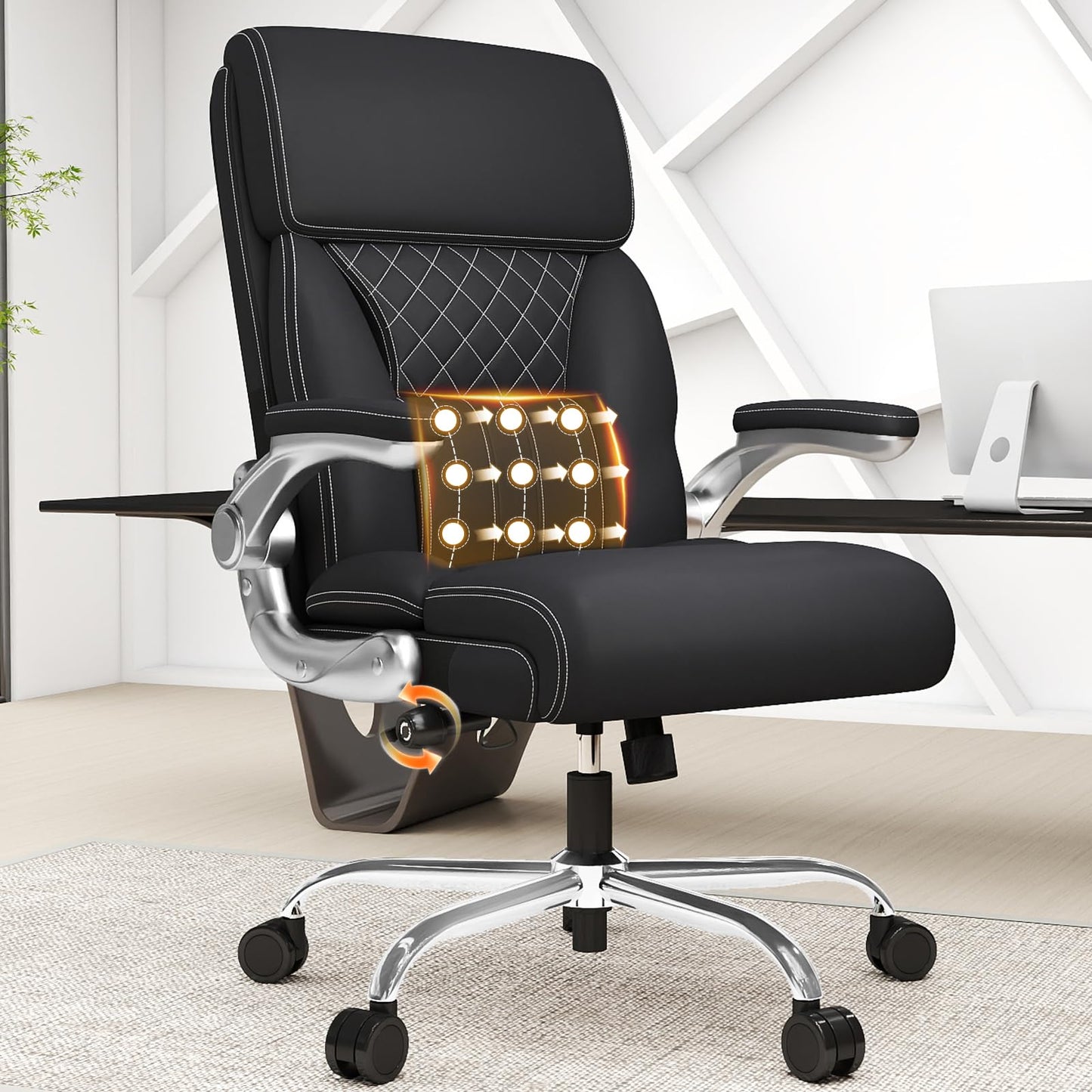 Ergonomic Leather Office Chair with Adjustable Lumbar Support, Flip-Up Armrests Desk Computer Chair, Swivel PC Chair with Rocking Function