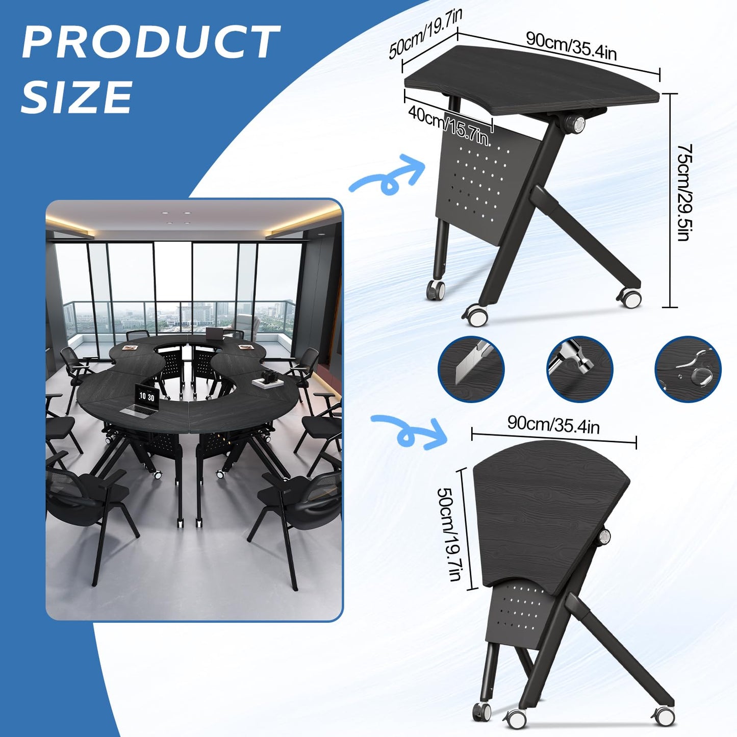 JFazzruit Folding Conference Table,Fan-Shaped Conference Room Tables with Wheels, Mobile Modular Seminar Meeting Desk for Classrooms,Office & Seminar (8, Fan-Black)