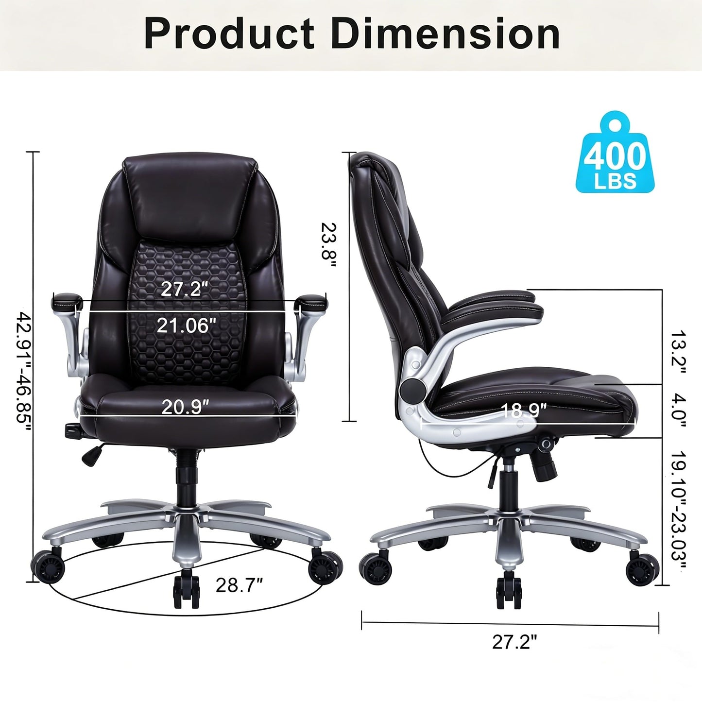 ZLHECTO Big and Tall Office Chair, Ergonomic Desk Chair with Flip-up Arms, PU Leather Office Chair for Home Office, Computer Chair with Adjustable Lumbar Support, Space Saving Executive Task Chair