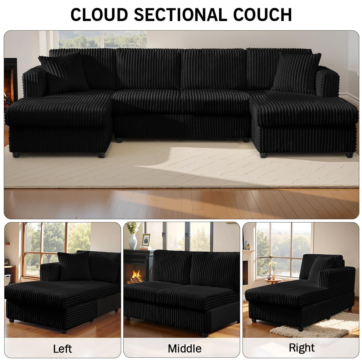 123" U-Shaped Modular sectional Sofa, Two L-Shape Chaise with 2 Cloud Couch sectional with Two Pillows, couches for Living Room (Black)
