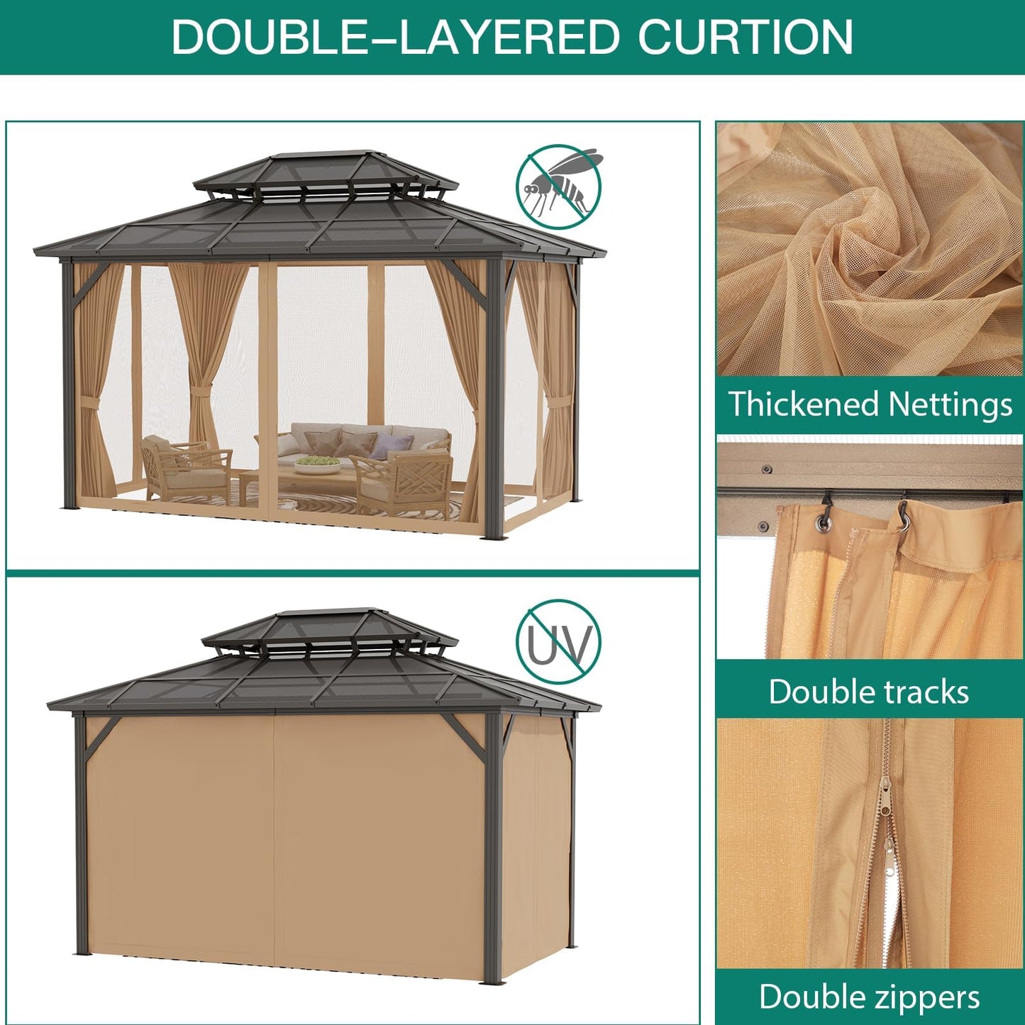 GAOMON 10'x12' Hardtop Gazebo, Outdoor Polycarbonate Double Roof Canopy, Aluminum Frame Permanent Pavilion with Curtains and Netting, Sunshade for Garden, Patio, Lawns