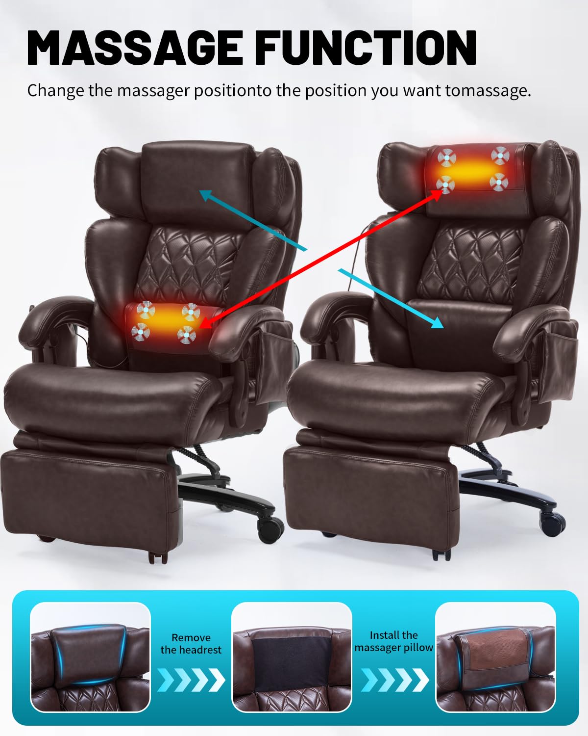 800LBS Massage Office Chair with Foot Rest & 8 Points Vibration Heat for Heavy People,Big and Tall Ergonomic Executive Reclining Desk Chairs for Home Office Managerial Use (Brown)