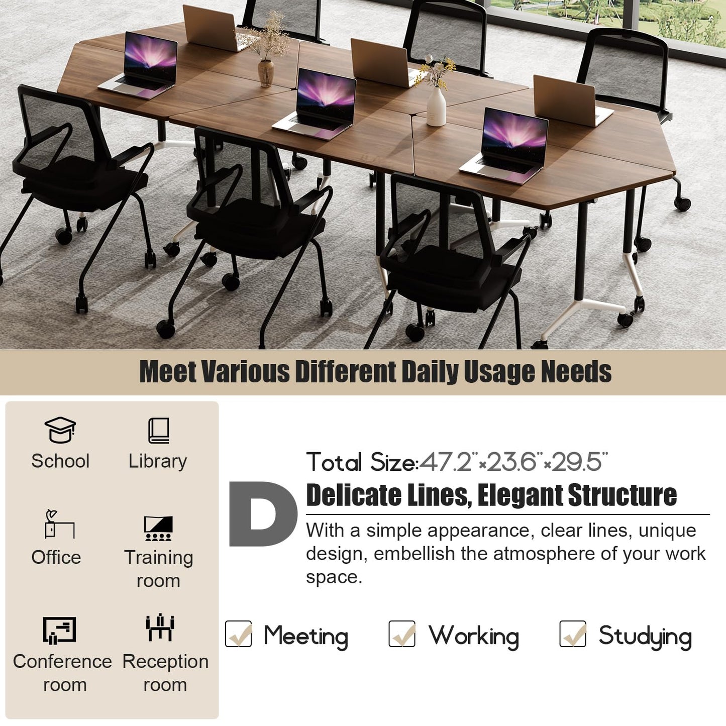 Modern Conference Table,47.2 Inch Meeting Seminar Table,Folding Conference Room Tables with Caster Wheels,Sturdy Mobile Training Table Business Boardroom Tables for 2-10 People,Support 550lbs (6pack)