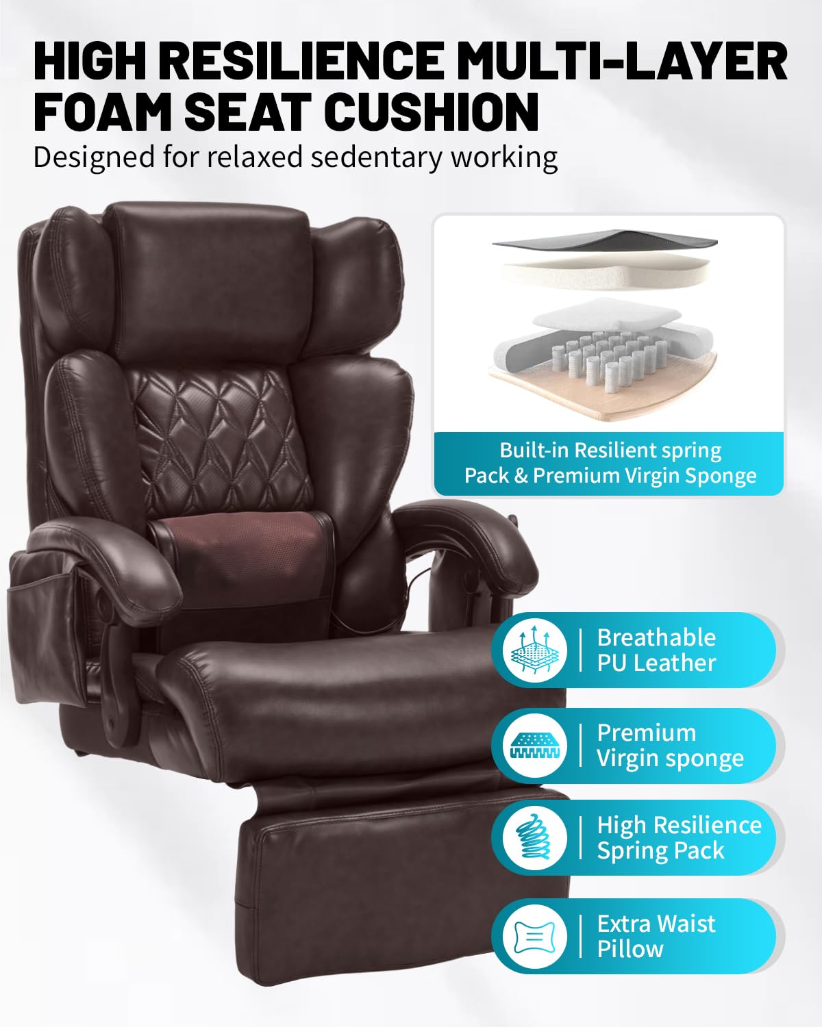 800LBS Massage Office Chair with Foot Rest & 8 Points Vibration Heat for Heavy People,Big and Tall Ergonomic Executive Reclining Desk Chairs for Home Office Managerial Use (Brown)