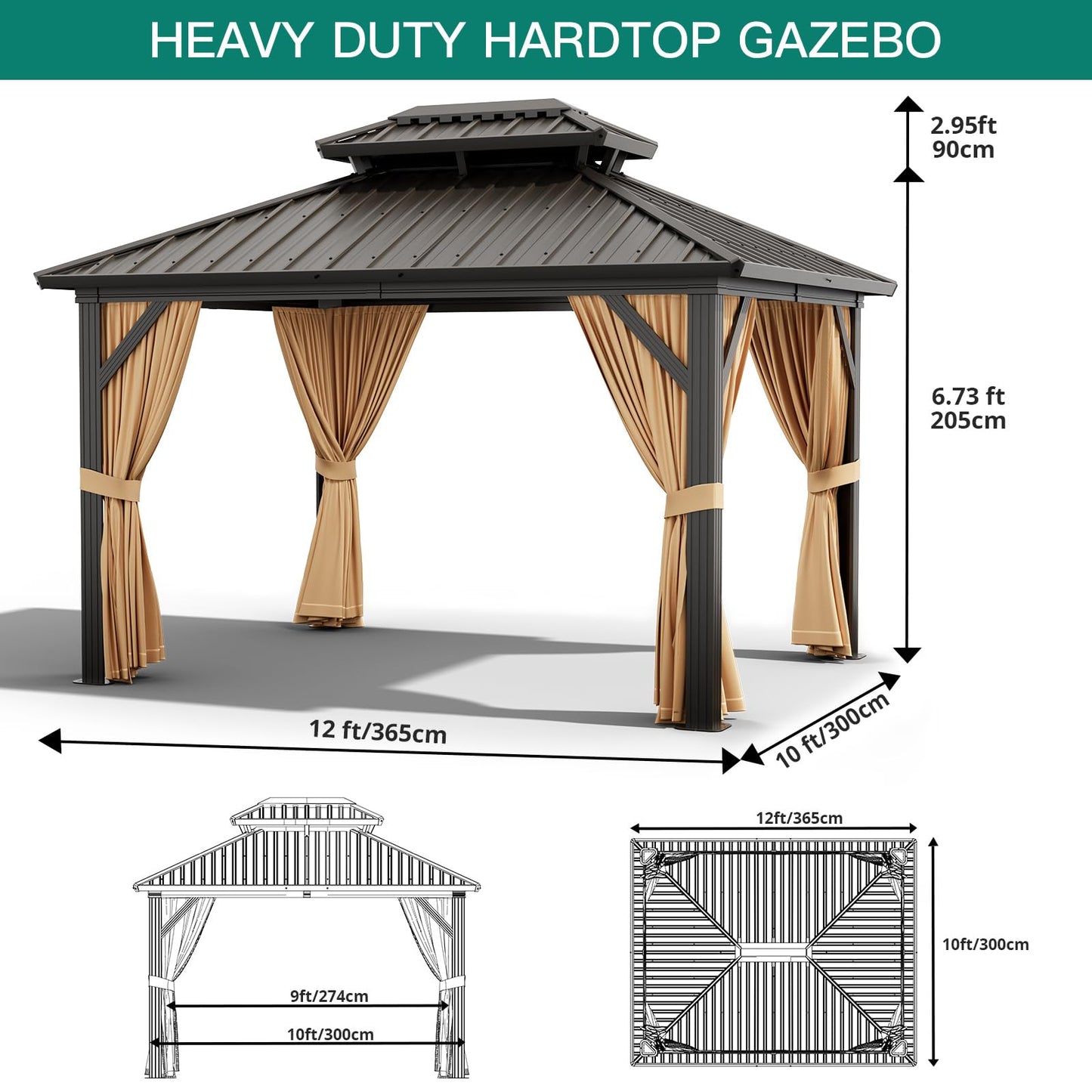 12' x 10' Hardtop Gazebo with Curtains and Netting, Permanent Outdoor Patio Gazebo with Aluminum Frame and Double Polycarbonate Roof for Backyard, Lawn, Deck and Garden