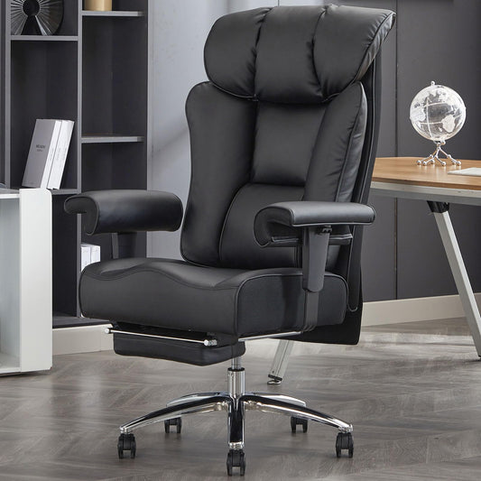 Efomao Big and Tall Office Chair with Footrest, 450lbs High Back Executive Chair with Spring Cushion, PU Leather Upholstery, Padded Armrests, Swivel Base, and Rolling Wheels – Black Computer Chair