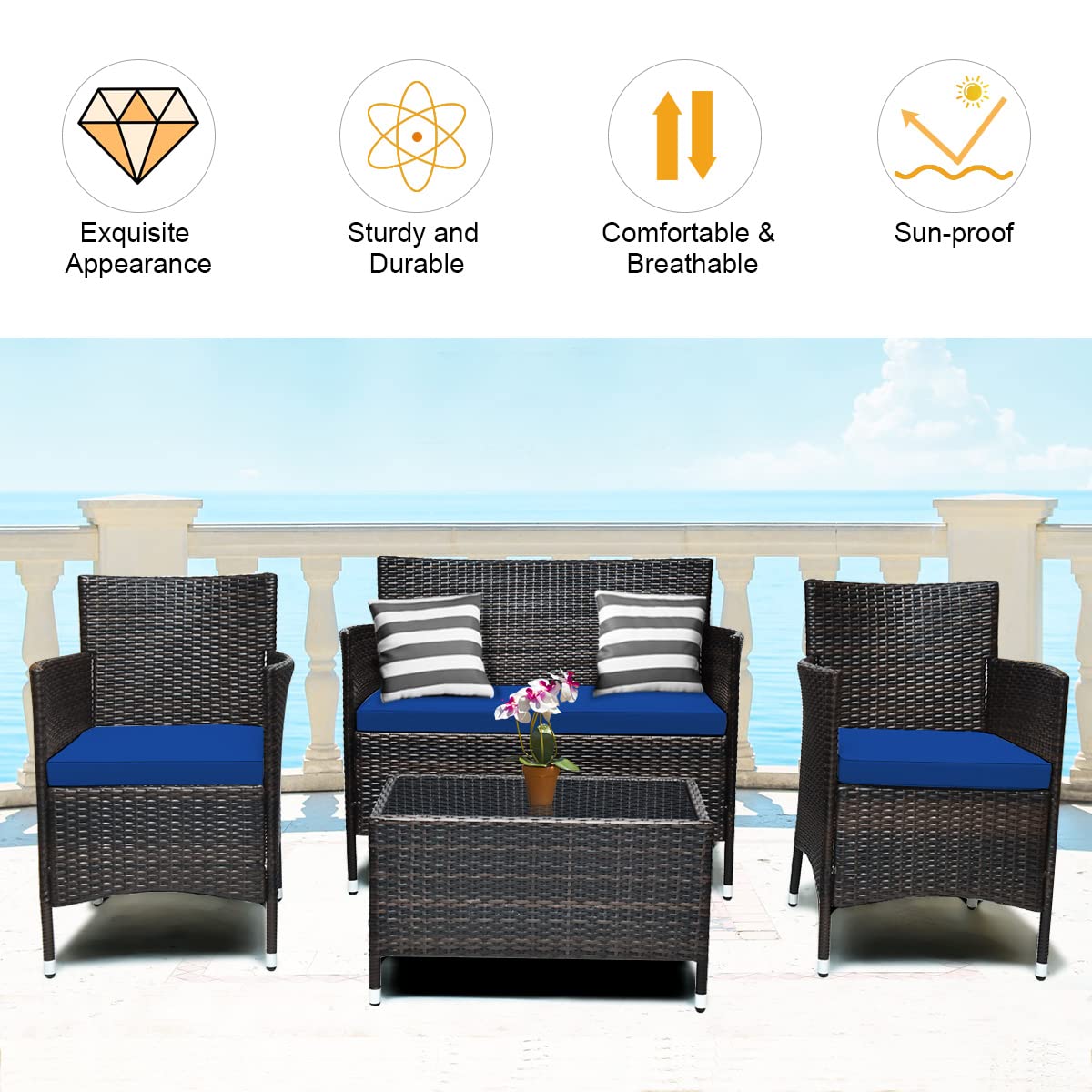 COSTWAY 8PCS Rattan Patio Furniture Set, Outdoor Wicker Rattan Chairs with Coffee Table, Rattan Cushioned Conversation Set for Backyard Balcony Porch Poolside, Navy