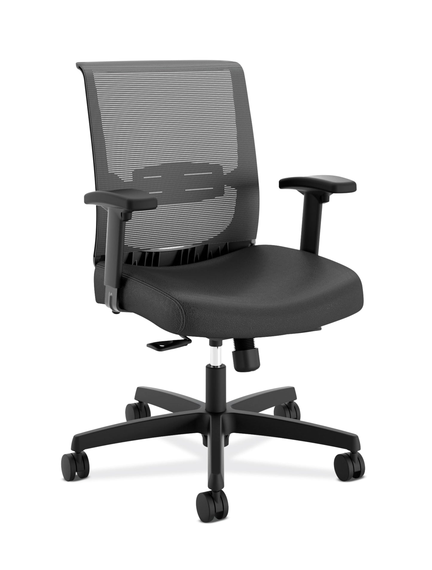 HON Convergence Ergonomic Office Chair with Mesh Back, Vinyl Seat Cushion, Adjustable Arms, Lumbar Support, Synchro‑Tilt Swivel Desk Chair with Wheels for Home Office, Black Frame, Black