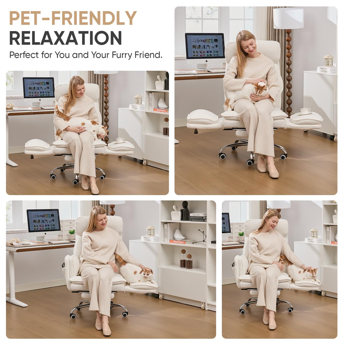 EGSEAT Big and Tall Office Chair with Flip Armrests, Cross Legged Office Chair with Storage Pockets, Comfortable Reclining Computer Chair with Foot Rest, Wide Home Desk Chair, Teddy Fleece, Cream