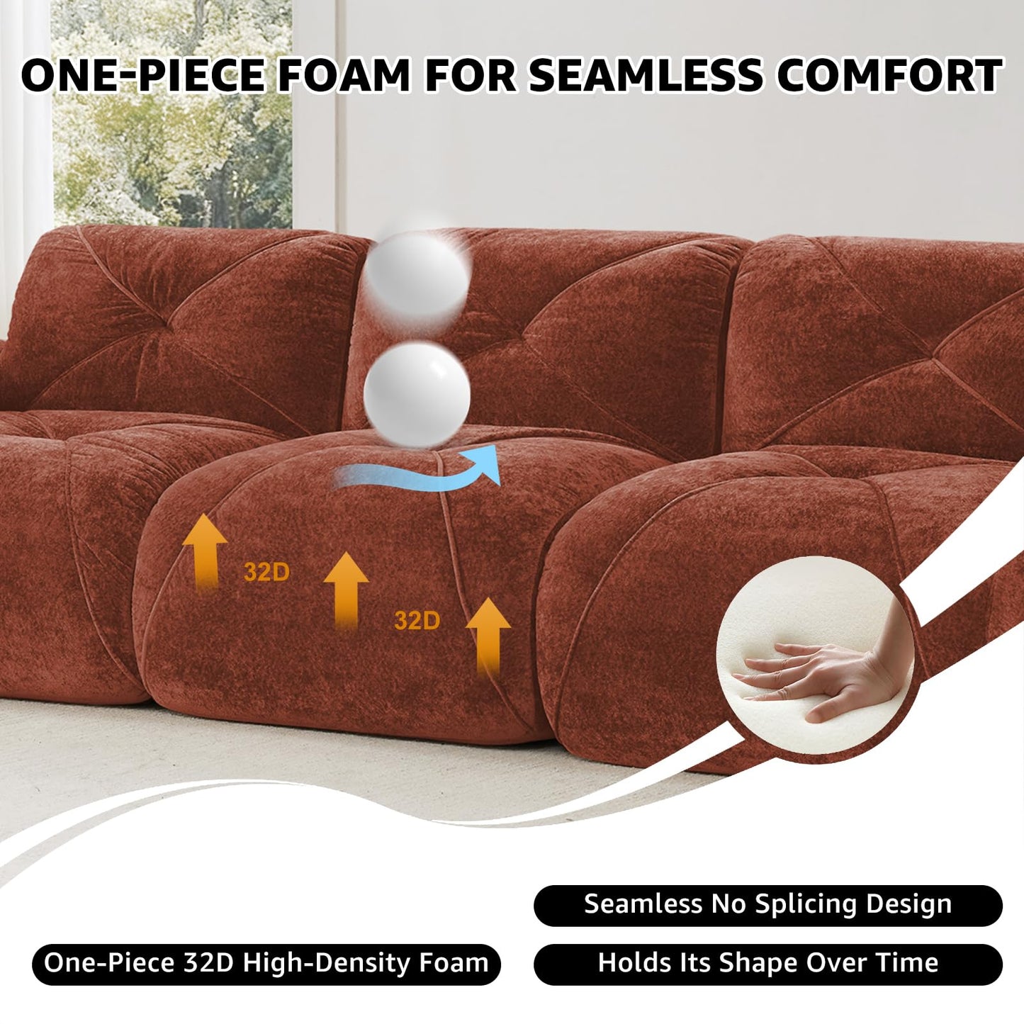 Red L-Shaped Sectional Couches for Living Room, Velvet Fabric Boneless Couch, No Assembly Cloud Modular Sectional Sofa with 1 Ottoman, Foam Couch Compressed Sofa Set for Apartment, Sofas para Sala