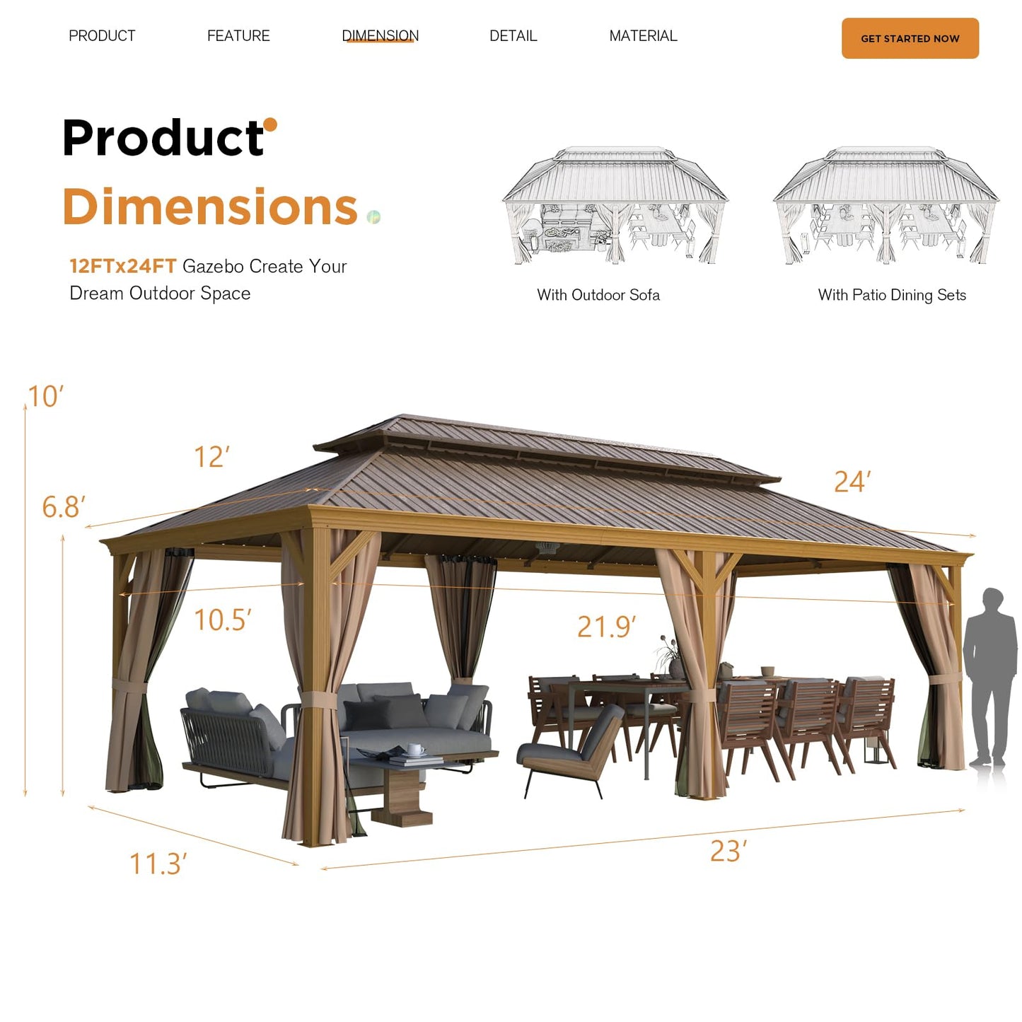 EROMMY 12'x24' Hardtop Gazebo, Galvanized Steel Double Roof with Wood Grain Aluminum Frame, Outdoor Gazebo with Curtains and Nettings for Patio, Backyard and Deck