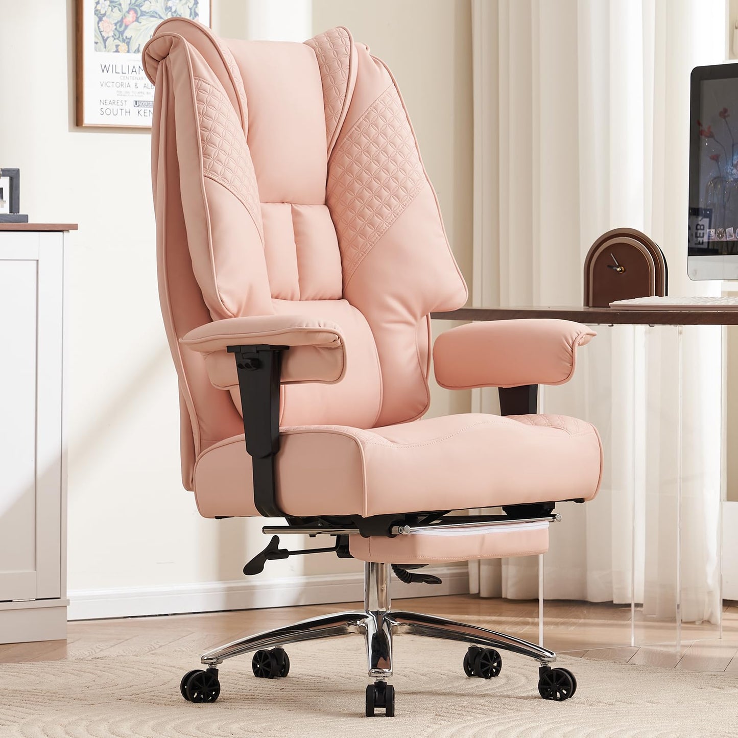 EXCEBET Big and Tall Office Chair 400lbs Wide Seat, Leather High Back Executive Office Chair with Foot Rest, Ergonomic Chairs Lumbar Support for Lower Back Pain Relief (Light Pink)
