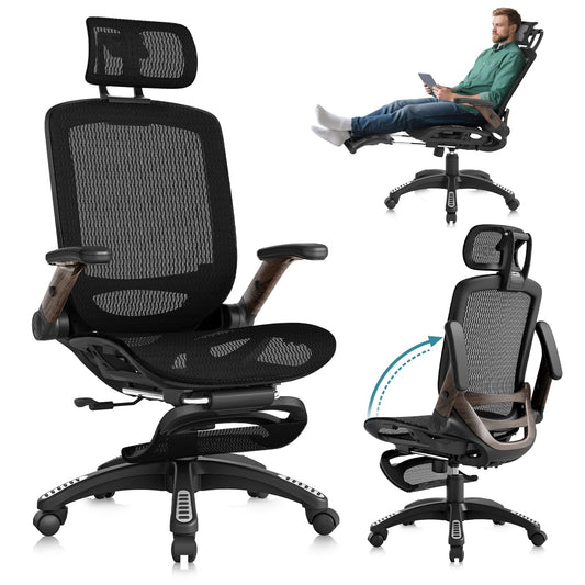 GABRYLLY Ergonomic Office Chair with Footrest, High Back Mesh Computer Chair with Flip-Up Arm, 3D Headrest, 135° Reclining, Rolling Gaming Task Chair with Wide Seat Lumbar Support,300LBS