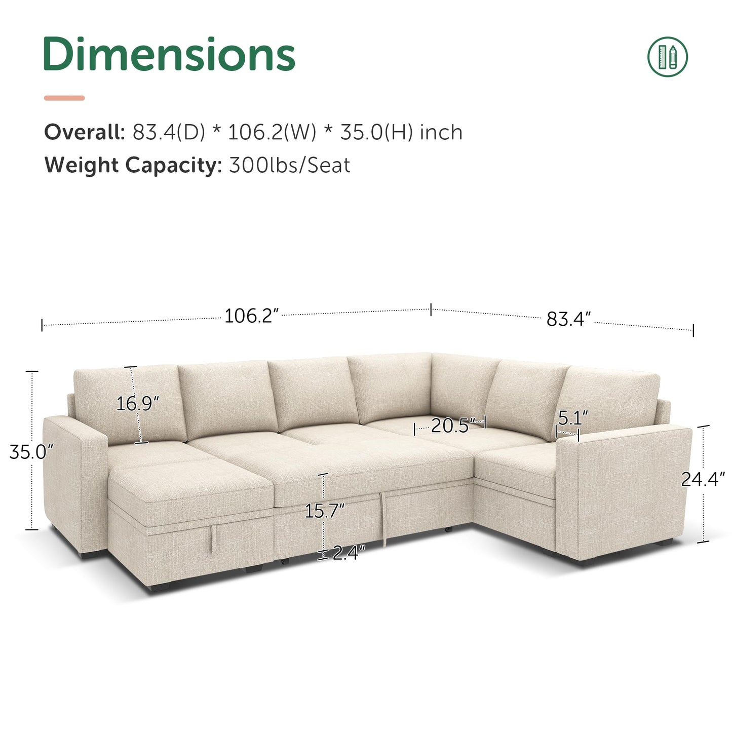 HONBAY Modular Sectional Sleeper Sofa with Pull Out Bed, U Shaped Sectional Couch with Storage Ottoman, Sleeper Sectional Couches for Living Room, Beige
