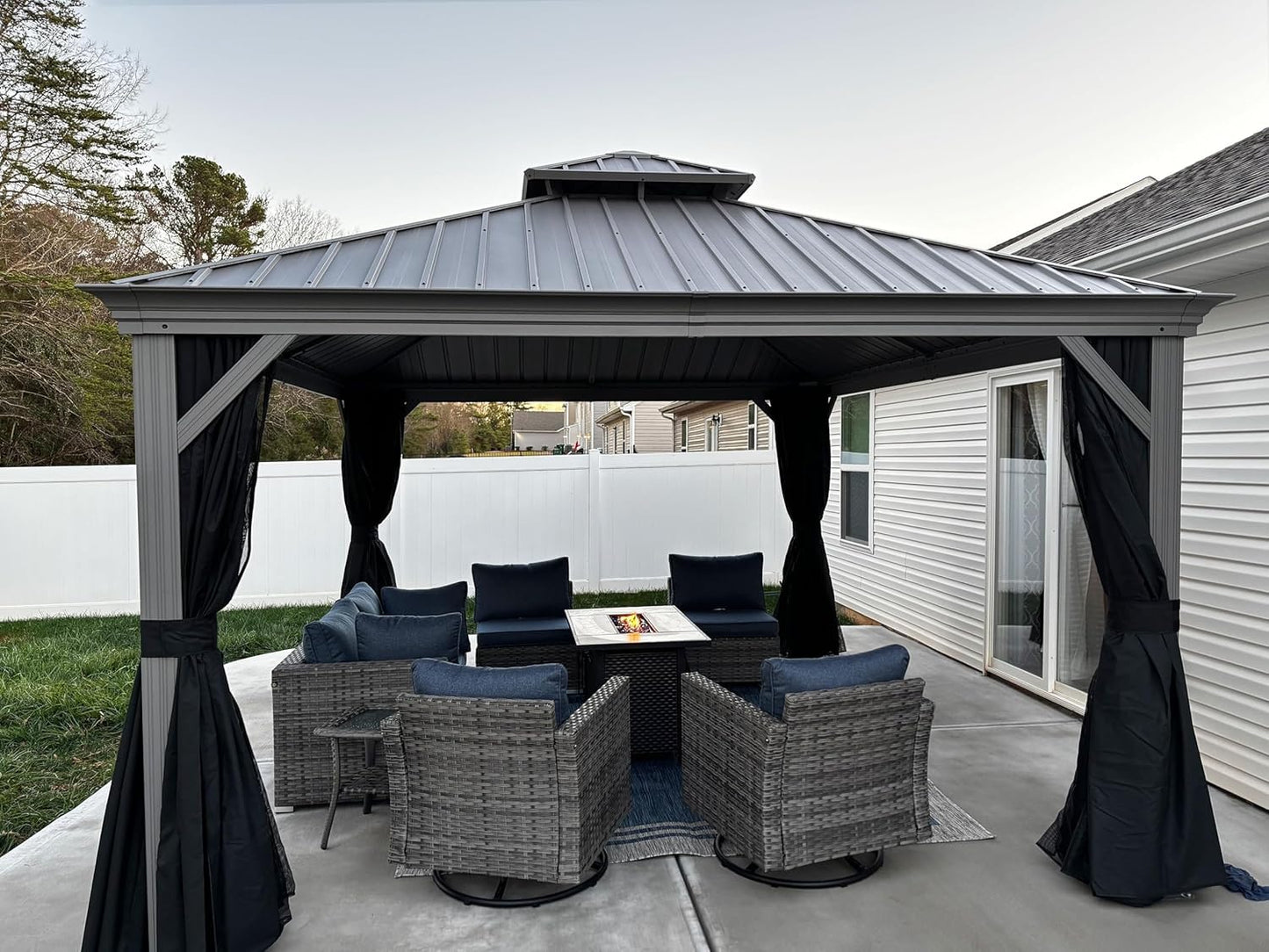 PURPLE LEAF 12' X 14' Permanent Hardtop Gazebo Galvanized Steel Double Roof Pavilion with Aluminum Frames Heavy Duty Patio Gazebo for Pool Patio Deck Garden,Netting and Curtains Included, Light Grey