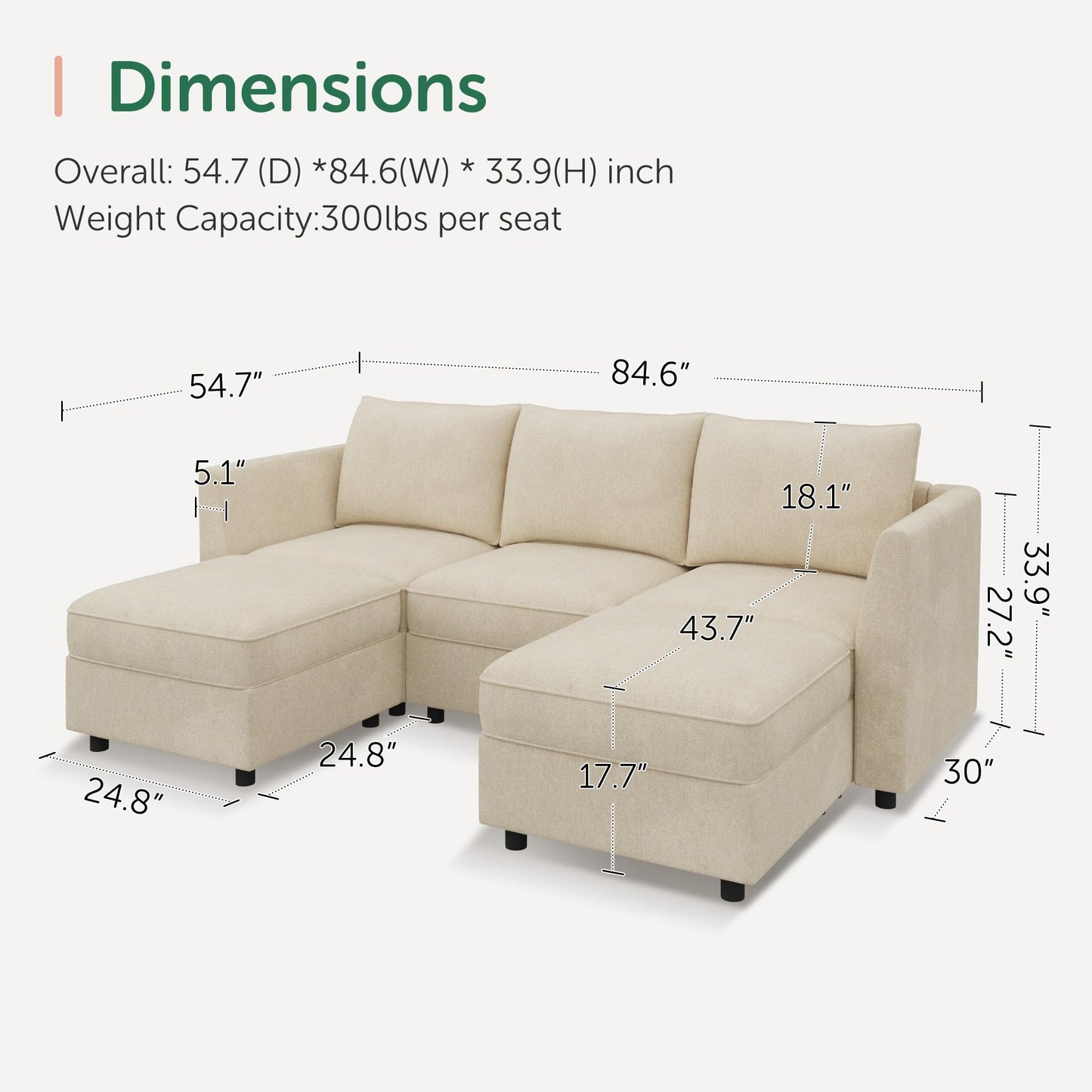 HONBAY Modular Sectional Sofa with Storage U Shaped Sectional Sofa, Convertible Couches for Living Room - Beige
