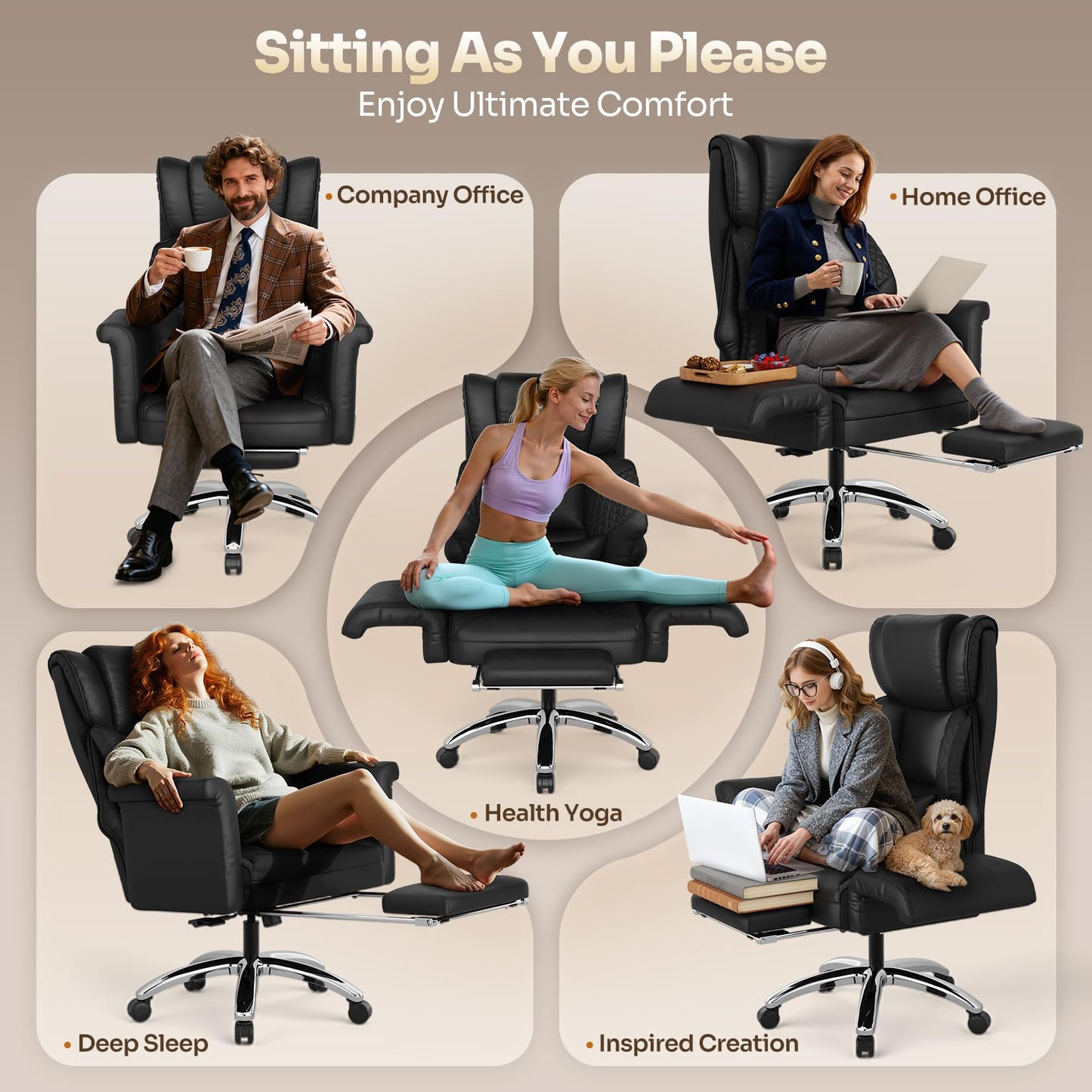 Ergonomic Office Chair with Footrest, Criss Cross Legged Desk Chair with Flip-Up Arm, Wider Thicker Spring Seat, Lumbar Support, Pet-Friendly, Big and Tall High Back Heavy Duty Executive Leather Chair