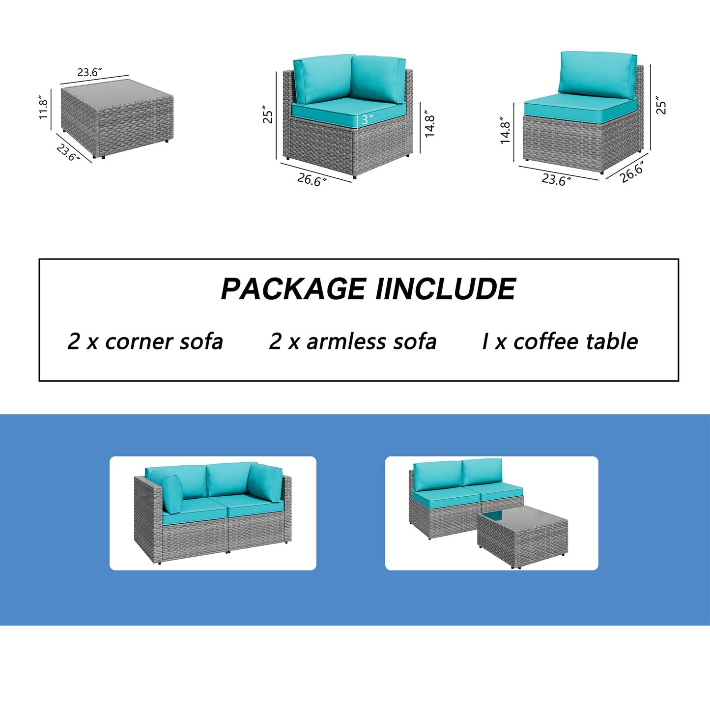 Shintenchi 5 Pieces Outdoor Patio Furniture Sets, Patio Sectional Sofa Couch, Gray PE Wicker Furniture Modular Patio Conversation Sets Patio Sofa with Washable Cushions & Table（Blue）
