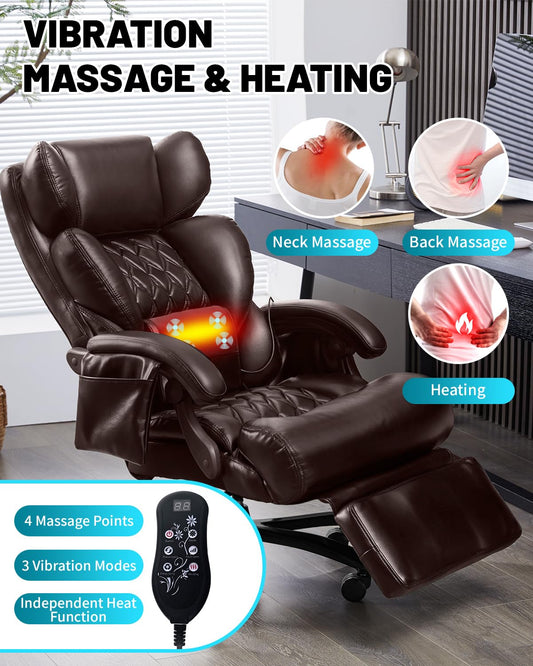 800LBS Massage Office Chair with Foot Rest & 8 Points Vibration Heat for Heavy People,Big and Tall Ergonomic Executive Reclining Desk Chairs for Home Office Managerial Use (Brown)