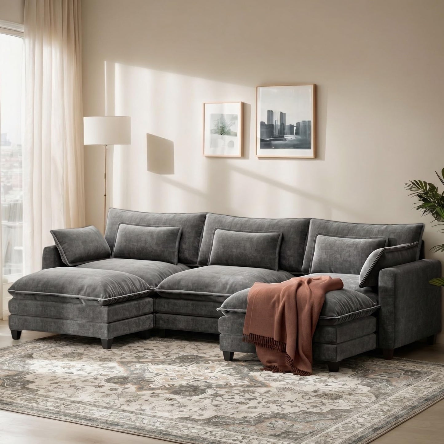 Marsail Modular Sectional Sofa 110.6" U-Shaped Modern Comfy Cloud Couch, 5-Seat Chenille Deep Seat Sofa with Throw Pillow & Movable Ottoman for Living Room, Bedroom and Apartment, Slate Gray